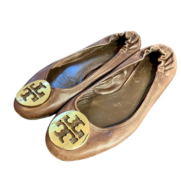Tory Burch Brown Leather Cap Toe Ballet Flats Travel Foldable Logo Designer 6.5 - Picture 1 of 14